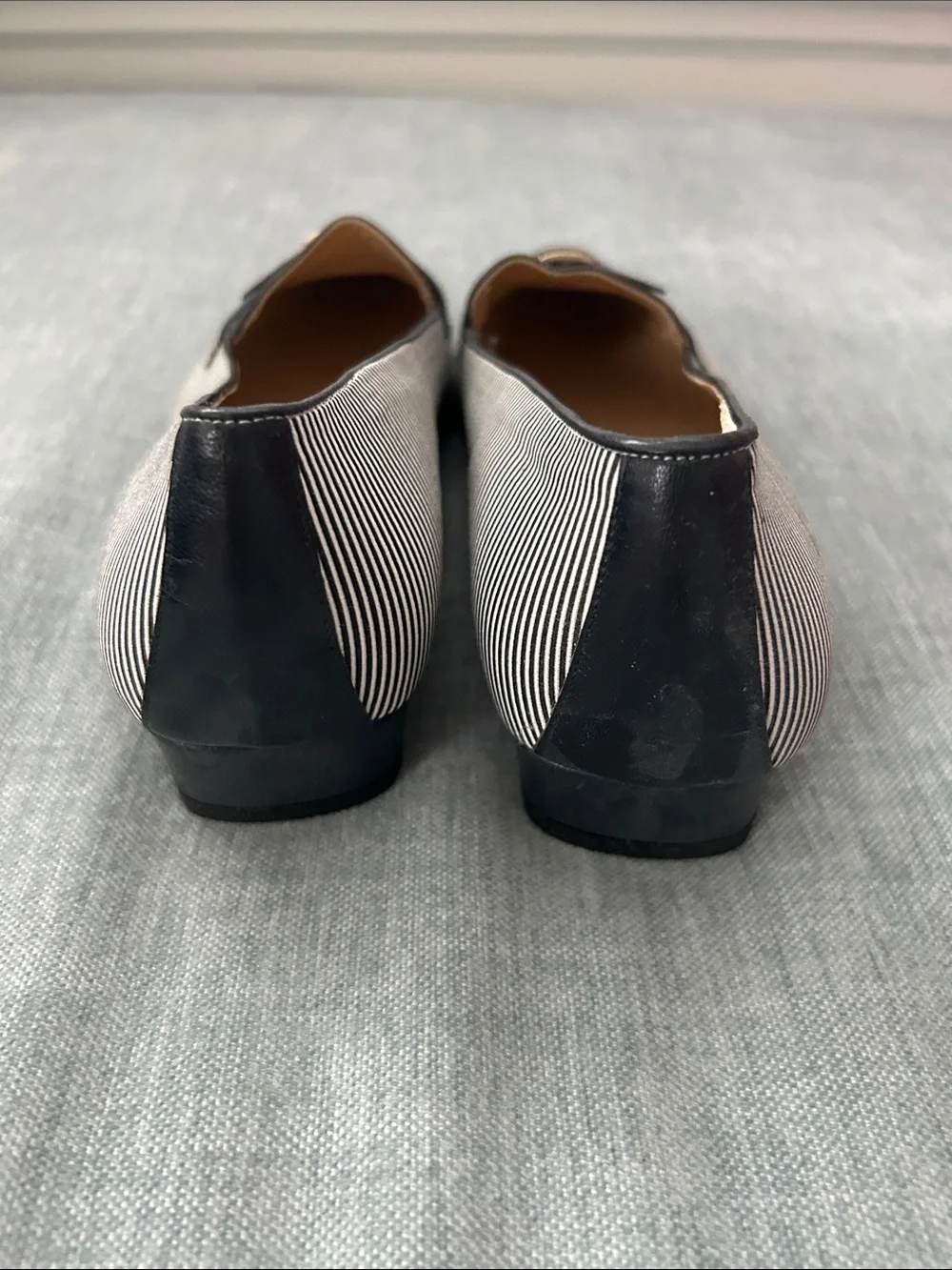 Pointed Toe Navy Leather Loafers with Striped Trim. Made in Italy.